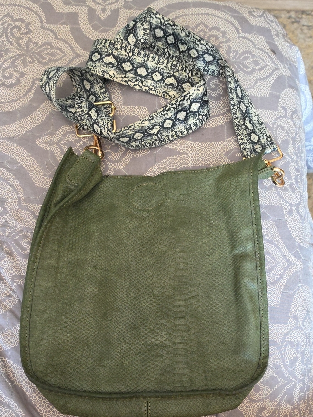 Olive Green Women's Crossbody Bag with Snake-Print Strap
